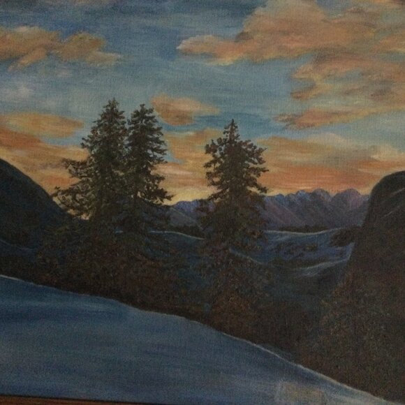 Oil painting mountain trees landscape with wood frame original art wall hanging - Picture 8 of 11